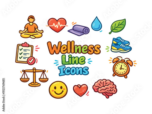 Wellness Line Icons. Hand-drawn doodle illustration of Wellness Line Icons. meditation pose,