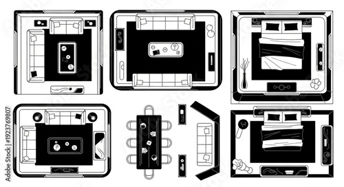 Detailed architectural floor plans showcasing various room layouts and furniture arrangements.
