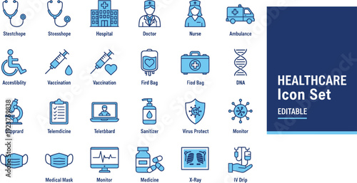 Healthcare Icon Set Featuring Medical Equipment Telemedicine Vaccination Doctor Nurse Hospital Clinic and Hygiene Symbols for Digital Health Apps Wellness Graphics and Professional Hospital Managemen