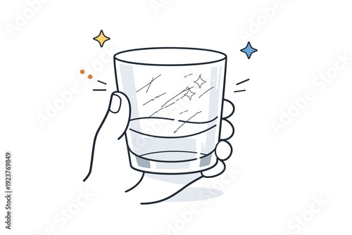 Glass with scratches. A handheld glass object with small scratches and marks on the surface, light bending around the imperfections. The