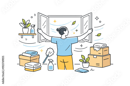 Spring cleaning and renewal. A person opening windows and tidying a bright room, letting fresh air inside. Light, refreshing atmosphere with plants, boxes, and