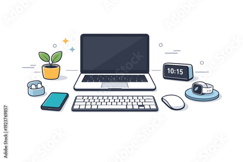Office tech gadgets. Minimal desk setup with laptop, keyboard, mouse, and small devices neatly arranged. Focused work mood with modern