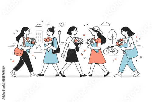 Women walking with bouquets in city. Several women move through an urban setting, each holding flowers in slightly different ways. The composition feels