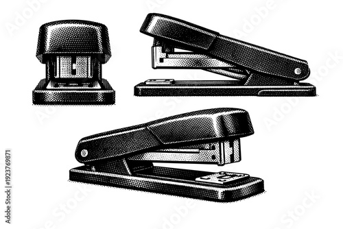 Office supply stapler desktop tool shown in straight-on front view, open side view, and three-quarter angled view as one object composition.