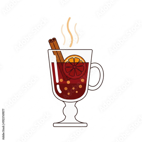 Minimalistic Mulled Wine Vector Illustration, Steaming Glass with Cinnamon and Orange, Flat Design, Warm Cozy Style