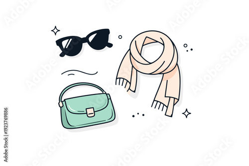 Spring accessories flat lay. A clean top-down view of sunglasses, a light scarf, and a small handbag neatly arranged with soft shadows. Fresh seasonal mood