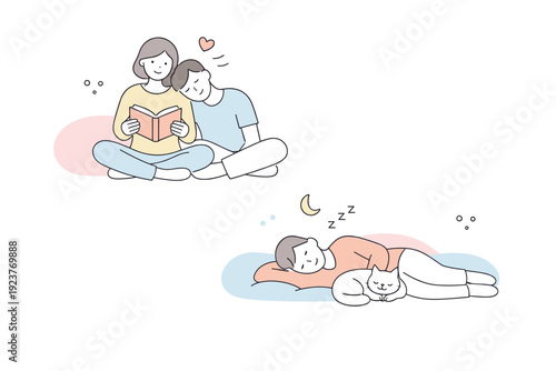 Soft pastel lifestyle illustration. Simple characters resting or interacting quietly, surrounded by pastel shapes and subtle motion accents. Cozy, friendly