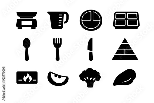 Meal portioning. Solid icon set of meal portioning: food scale, measuring cup, divided plate, portioned container, spoon, fork, knife, food pyramid, calorie