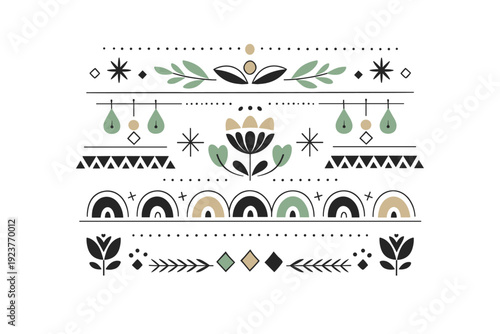 Ethnic design reinterpretation. Layered patterns inspired by folk art, simplified with airy spacing and subtle curves, relaxed and sophisticated mood. Friendly