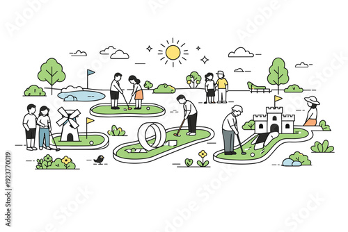 Seasonal mini-golf visits. Wide view of the mini-golf course with multiple holes, gentle crowd flow and decorative plants, calm seasonal