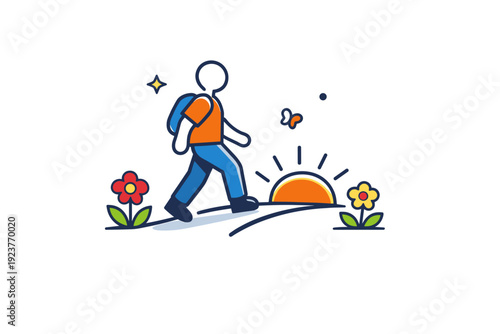 Spring renewal concept a person stepping forward on a simple path with flowers and rising sun, conveying motivation, transition, and personal