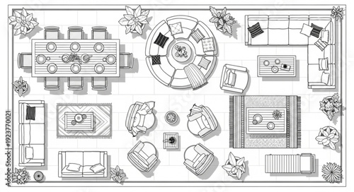 Detailed top-down view of a modern living room with furniture arrangement.