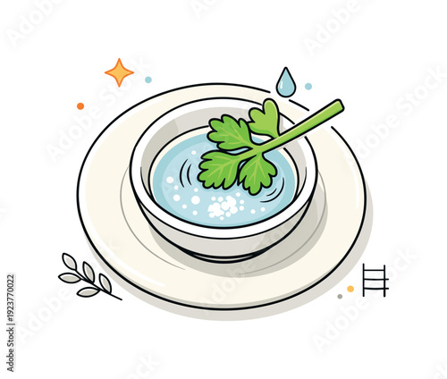 Passover symbolic foods close-up. A clean close-up of karpas dipped in salt water, small bowl and plate shown from above, calm ritual moment