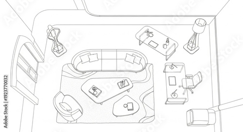 Living room furniture arrangement with sofa, chairs, and coffee table in a modern interior design.
