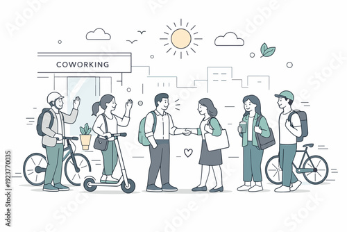 Eco-friendly coworking commuting. A group of coworkers arriving by bike, scooter, or on foot to a shared workspace, calmly greeting each other outside. The