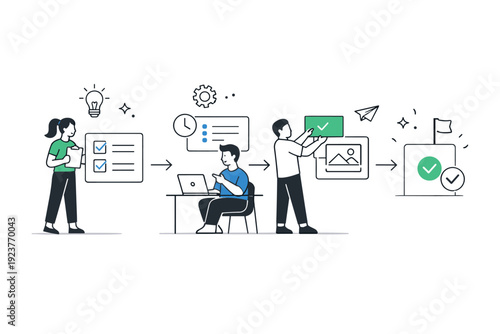 Flat design workflow. People interacting with simple icons and cards, showing a clear process. Calm productivity and structured interaction with minimal