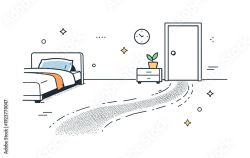 Minimalist illustration of a bedroom with a path leading to an open door