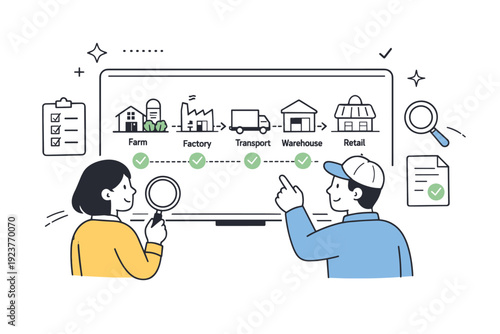 Traceability visuals. Friendly characters reviewing a simplified supply chain map on a digital screen, following items step by step. Focused