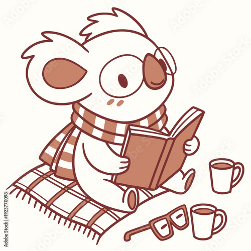 Vector illustration of a Playful Koala with with a scarf, styled in a Bookworm Day theme using Cozy Reading colors