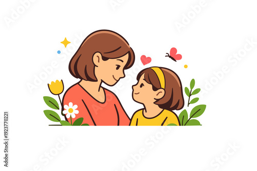 Mother and child spring portrait soft editorial scene with two figures sharing a quiet glance, enhanced by fresh greenery and gentle spring