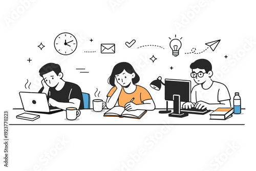 Summer afternoon focus challenges. Colleagues working silently in a sunlit office, each absorbed but slightly drained. Shared experience of