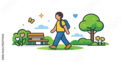 Leisurely spring park stroll relaxed walking through green spaces with flowers and simple benches, conveying peaceful leisure and connection