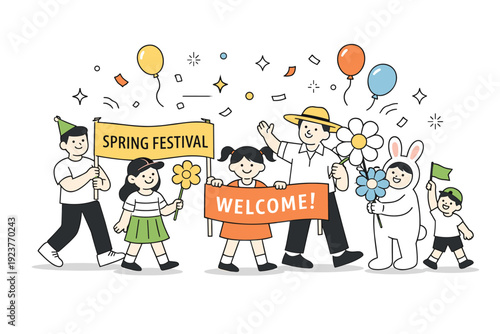 Spring city festivals. Parade with cheerful characters holding banners and paper flowers, soft confetti and balloons floating above. Festive editorial scene