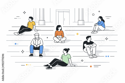 Sitting on steps in sun at public spaces. People sit spaced apart on steps outside a building, sharing warmth without interaction. The atmosphere is quiet,