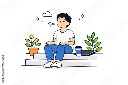 Work breaks with fresh air. Person sitting on steps or a bench, breathing calmly with plants nearby. Simple moment of rest and grounding