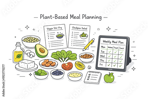 Plant-based meal planning. A table with neatly arranged plant-based ingredients, recipe cards, and a tablet showing a meal plan. Organized