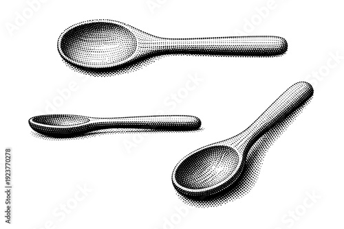 Kitchen utensil wooden spoon shown as one object in top view, side view, and three-quarter perspective within a single composition. Black and white dot style