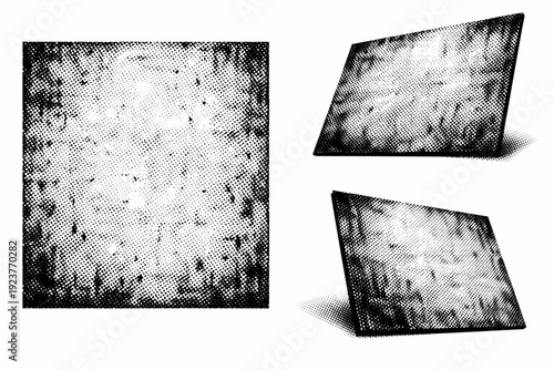 Aged dot mesh overlay An aged dot mesh overlay texture shown in straight-on view, angled view, and three-quarter view conveying material wear