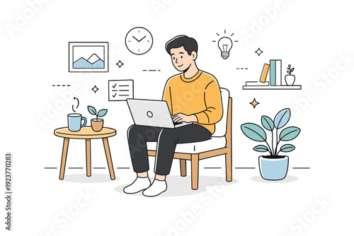 Laptop work in calm interiors. Focused freelancer sitting on a chair with a laptop, warm minimal interior around. Calm concentration and