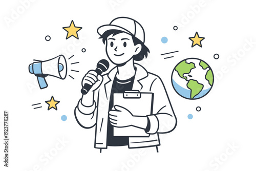 Portrait of a youth climate leader. A confident young person holding a clipboard or speaking at a small rally, abstract floating stars,