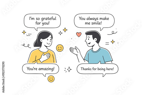 Gratitude practice. Two people sharing positive thoughts, speaking through simple dialog bubbles with kind words. Warm emotional connection and supportive