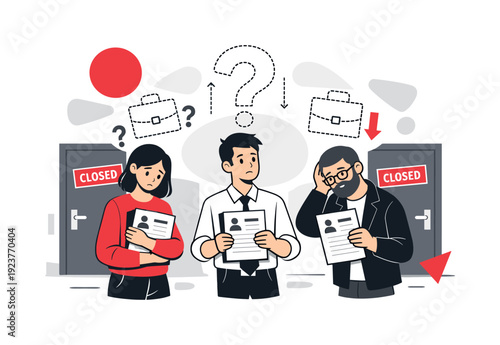 Job Hunt Uncertainty. Rising unemployment. People holding resumes near closed office doors, dotted outlines