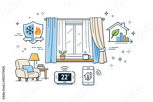 Home thermal curtain systems. A calm interior showing layered thermal curtains covering a window, with icons for insulation and energy