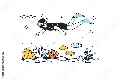 Snorkeling over coral reef. A person floating above a reef with fish and corals below, subtle wave and star icons floating, peaceful and exploratory mood.