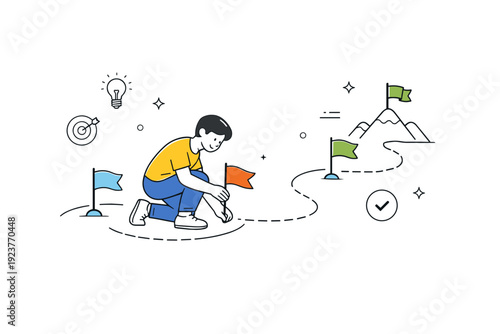 Personal goal setting. A person placing milestone flags along a simple path diagram, sense of progress and achievable steps forward. Minimalist flat vector