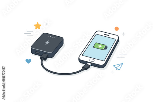 Portable power bank device. A clean editorial scene showing a compact power bank placed next to a smartphone, connected with a short cable.