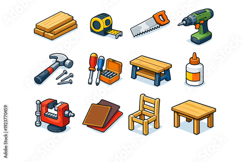 Building your own furniture. Colorful isometric vector icons set of building your own furniture: wooden planks stack, measuring tape, hand saw, electric drill,