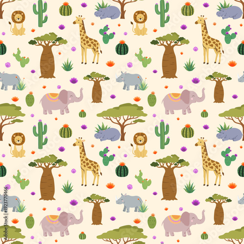 Seamless vector pattern with cute safari animals and baobab trees. Flat illustration of elephant, giraffe and lion for nursery textile and beige boho wallpaper.