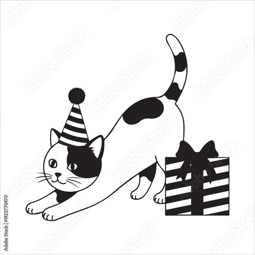 Birthday Cat with Present Illustration, Kitten in Party Hat Stretching Next to Gift, Party Art