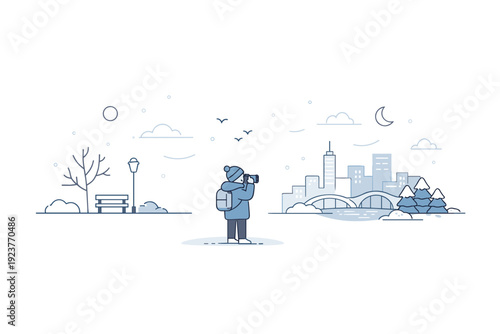 Minimal winter hobby scene. A wide composition with a small figure holding a camera against a snowy urban backdrop. Space, stillness, and quiet personal