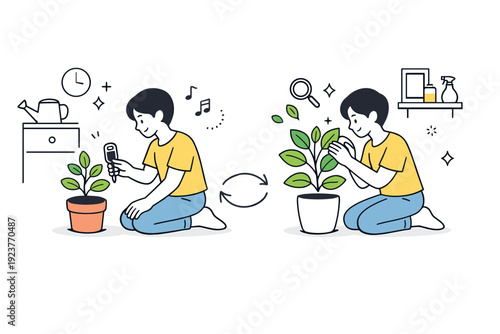 Plant care loops. Person checking soil moisture and leaves in a tidy home corner. Mindful observation, small actions repeated regularly.