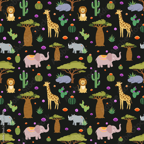 Seamless vector pattern with cute safari animals and baobab trees. Flat illustration of elephant, giraffe and lion for dark nursery textile and wrapping paper.