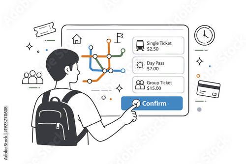 Ticket machines interfaces. Person confirming a digital selection on a touchscreen, interface with route map and ticket options displayed.