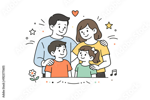 Family greeting card graphics. A warm editorial scene with a family standing together, simple smiles and gentle gestures expressing care and
