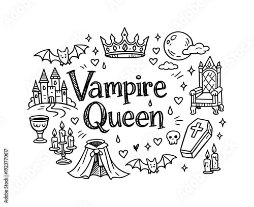 Vampire Queen. Hand-drawn doodle illustration of Vampire Queen. vampire queen crown, bat,