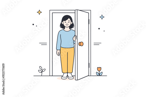 People framed by doorways. A person holding the door open slightly, body centered within the frame. The scene feels welcoming, gentle, and quietly expectant.